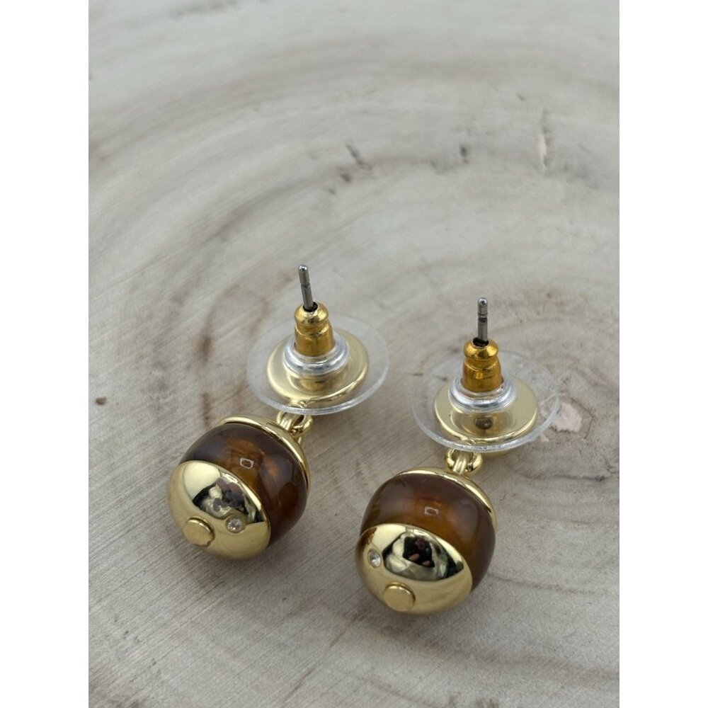 Gold Tone Tiger Eye Bead Drop Earrings Stud Dangle Vintage Style Costume Jewelry - Picture 6 of 6